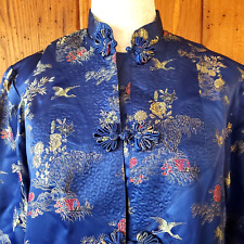 TRADITIONAL JAPANESE KIMONO Medium DARK BLUE SATIN Pockets, Lined, Birds, Floral picture