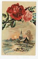 Vintage Postcard Birthday RED &  PINK ROSE CHURCH POSTED 1910 STAMP GEL SHINY picture