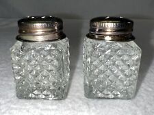 Vintage Miniature Salt And Pepper Shakers Diamond Cut Glass Silver Plate Tops picture