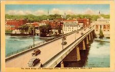 North Bridge Androscoggin River Lewiston Auburn Maine Me Linen Postcard Vintage picture