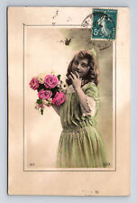 1912 RPPC Young French Girl Bouquet Flowers Hand Colored Real Photo LUX Postcard picture