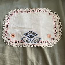 Vintage Embroidered Table Cloth  Runner  Doily Lace Edge 11 X 8 picture