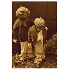 Vintage Creepy Children Halloween PHOTO Pumpkin Costume Scary Kids Mask Pic picture
