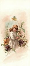 1880s-90s Young Girl in Dress Holding Bouquet White Flowers Trade Card picture