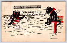 Original Old Vintage Antique Postcard Black Cats Swimming Music Notes 1907 picture