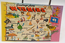 Greetings From Wyoming State Map Of Attractions Vintage Unposted Postcard picture