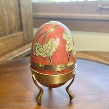 Vtg Hand Enameled Solid Brass Cloisonne Egg Trinket Box with Stand Made in India picture