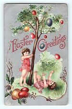 Easter Greetings Cupid Children Tree Raining Colored Eggs Silver Emb Postcard E4 picture