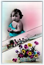 c1910's Cute Chubby Baby Toddler Flowers RPPC Photo Unposted Antique Postcard picture