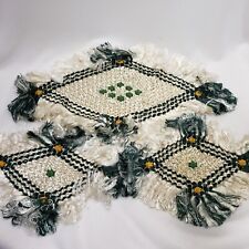 Victorian Green & White Fringed Knotted Silk Diamond Matching Doilies Lot of 3 picture
