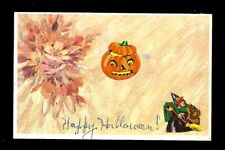 c1930's Halloween Postcard Sticker Witch & Broom, Sticker Pumpkin picture