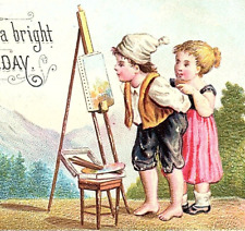 c1880 EMBOSSED BIRTHDAY VICTORIAN BOY AND GIRL PAINTING SMALL TRADE? CARD Z1203 picture