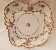 Limoges China Peony Design Pink & Green Scalloped Bowl - Gold Edge - 9.25