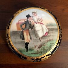 Vintage porcelain trinket box hand painted cobalt blue gold gilt courting scene picture