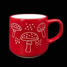 New, Embossed White Mushrooms on Red Ceramic Coffee Mug Cup Toadstool Fungi picture