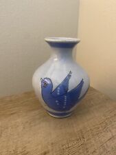 Mexican Folk Art Bird Vase Pottery Hand painted Blue 5” Flowers Stoneware Tonala picture
