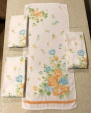Vintage Set of 4 Rainier 100% Cotton Hand Towel White with Floral Design Japan  picture