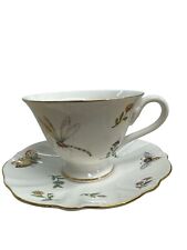 Graces Teaware Floral Butterfly Tea Cup & Saucer Gold Trim Scalloped Edges NWOT picture