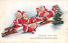 Clear The Way For A Merry Christmas Five Babies Sledding Whitney Postcard picture