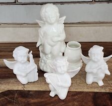 Vintage Lot Of Four White Ceramic Cherub Angel Figurines Playing Instruments picture