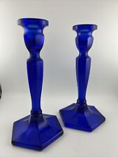 Vintage Fenton Taper Candle Holders COBALT Blue Glass Hexagon Base 8.5” picture