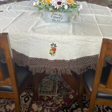 Adorable Vintage Round Tablecloth Embroidered Strawberries 72” Diameter picture