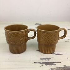 VINTAGE MUGS - Set Of 2 60s-70s Light Brown Ceramic Japan Floral Coffee Cups picture