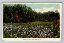 Bath ME-Maine, Greetings, Girls In Field Of Wildflowers Vintage Postcard picture