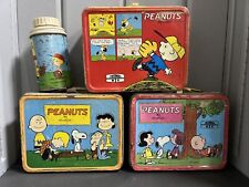 Vintage 1970s Peanuts Metal Lunch Box Orange Red Thermos picture