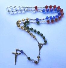Vtg World Mission Rosary Beads Blue Red Yellow Grn Glass Cntr Medal Crucifix   picture
