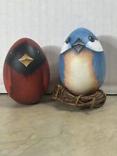 Pair Painted Birds Blue Bluejay Red Cardinal Figurine Decor Farmhouse Egg Shaped picture