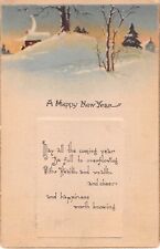 1923 Art Deco New Year Motto Postcard of Crescent Moon in Snowy Home Scene picture