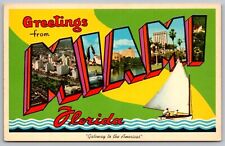 Greetings Miami Florida Sailboat Multi View Palm Seaquarium Vintage UNP Postcard picture