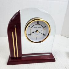 Vtg MCM Rosewood & Glass Desktop Clock Gold Tone Stuart Austin WORKS READ FLAW picture