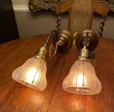 ANTIQUE Gas Era 1900’s PAIR of Brass Sconces – Deep Etched Shades picture