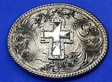 beautiful western cross, engraved flower swirl cowboy cowgirl faith belt buckle picture