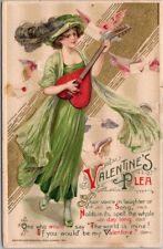 Winsch VALENTINE'S DAY Embossed Postcard Pretty Lady / Heart Mandolin SCHMUCKER picture
