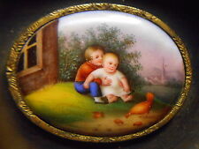 Antique Miniature Framed Painting On Porcelain Medallion - Children & Chickens picture
