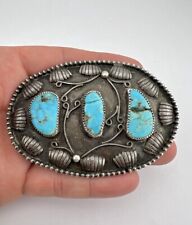 Vtg David Tune Navajo Sterling Silver Kingman Turquoise Stamped Belt Buckle 3.5