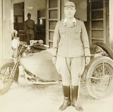 c1942 Original Japanese Army Photo Officer Posing With Motorcycle Sidecar WW2 picture