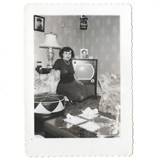 Vintage Photo Pretty Woman In Front Of Old Television TV 1950s Retro Room Girl picture