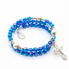Sapphire Blue Beads Wrap Style Rosary Bracelet w Cross And Miraculous Medal picture