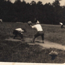 Batter Ducks as Catcher Stands Men Playing Baseball in Field  RPPC Postcard picture