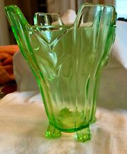 Green Depression GLASS VASE Tapered Shape w/ Art Deco Design & Stippled Texture picture