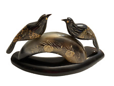 Vintage Hand Carved BOVINE HORN Birds Figurine On Log With Horn Base Art Decor picture