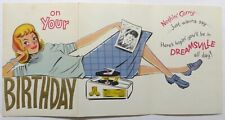 UNUSED Vtg Trifold Birthday Card-CUTE RETRO GIRL LISTENS TO A RECORD PLAYER-enve picture