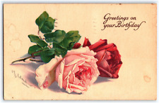 BEAUTIFUL ROSES BIRTHDAY GREETINGS ARTIST SIGNED UNKNOWN  1900s POSTCARD picture