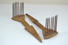 Pair of Wooden Wool Carpet Combs Carder with Iron Tines - Primitive Textile Tool picture