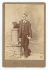 Antique c1880s Cabinet Card Handsome Young Boy Holding Hat and Book Brooklyn, NY picture