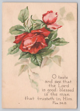 Vintage Prayer Card The Twenty-Third Psalm On Back and Psalm 34.8 On Front Rose picture